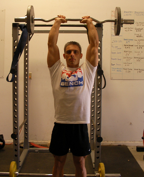 Standing EZ-Bar French Press Exercise using Weight Bench